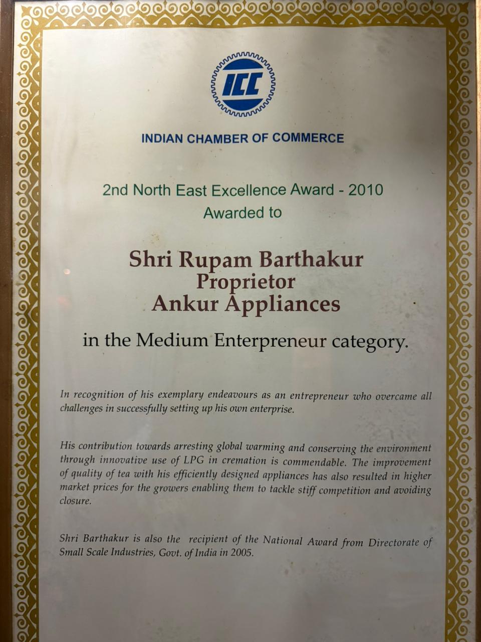 NE Excellency Award ICC 2010 Certificate